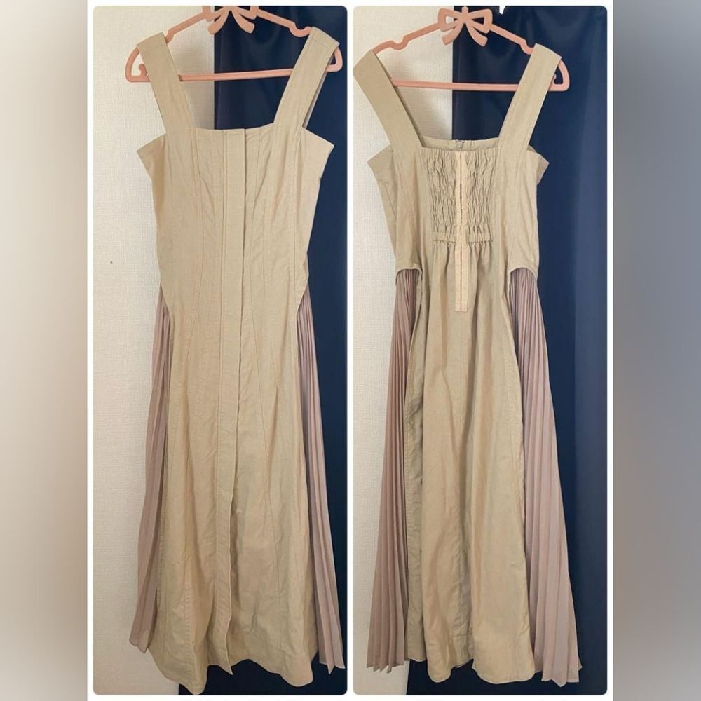 Beige Square-Neck Midi Dress with Blush Pleated Panels